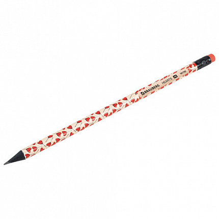 Карандаш чернографитный BRAUBERG "HEARTS", 1 шт., HB, с ластиком, корпус ассорти, 181762