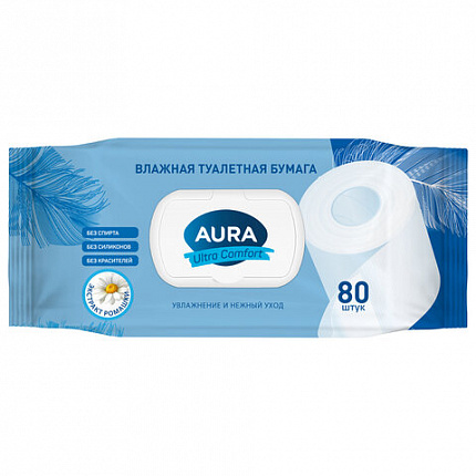 Бумага туалетная влажная 80 шт., AURA "Ultra Comfort" с пластиковым клапаном, 14055