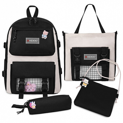 Рюкзак HEIKKI COMBO (ХЕЙКИ), сумка-шоппер, косметичка, пенал В ПОДАРОК, черн/бел, 42х30х14 см,272564