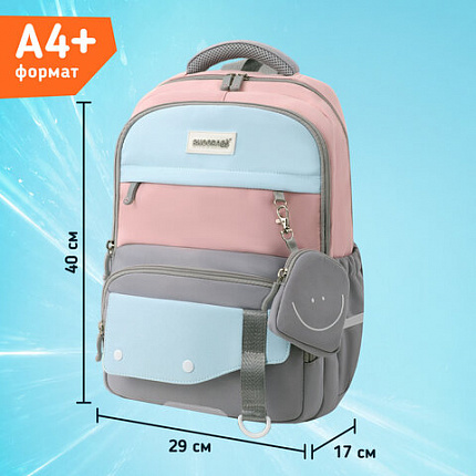 Рюкзак SNOOBAG (СНУБЭГ) PROACTIVE с кошельком, 2 отделения, "Улыбка", серо-розовый, 40х29х17 см, 274445