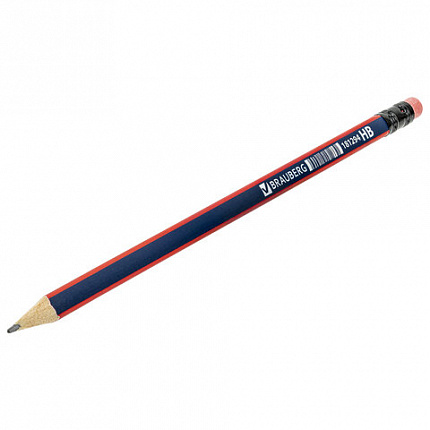 Карандаш чернографитный BRAUBERG, 1 шт., "Stripes", HB, трехгранный, с ластиком, корпус синий/красный, 181294
