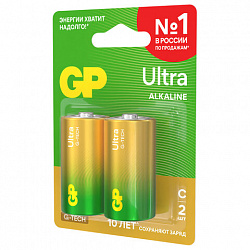 Батарейки КОМПЛЕКТ 2 шт., GP Ultra G-Tech, С (LR14, 14А), алкалиновые, блистер, 14AU-2CR2