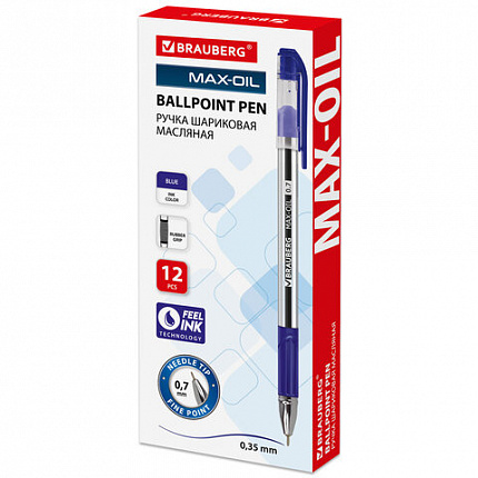 Ручка шариковая масляная с грипом BRAUBERG "Max-Oil", СИНЯЯ, игольчатый узел 0,7 мм, линия письма 0,35 мм, 141701