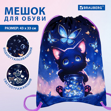 Мешок для обуви BRAUBERG PREMIUM, карман, подкладка, светоотражайка, 43х33 см, "Кот с бабочками", 273442