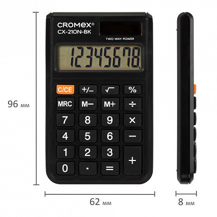 Калькулятор карманный CROMEX (КРОМЕКС) CX-210N-BK (96х62 мм), 8 разрядов, двойное питание, черный, 273834