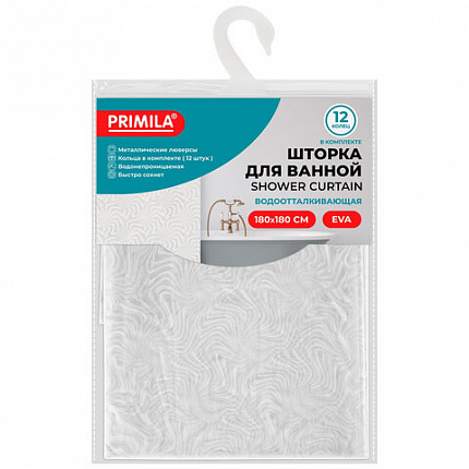 Шторка для ванной EVA, 180х180 см, кольца в комплекте, БЕЛАЯ ГОЛОГРАФИЯ, PRIMILA (ПРИМИЛА), 700102