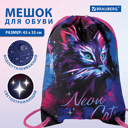 Мешок для обуви BRAUBERG PREMIUM, карман, подкладка, светоотражайка, 43х33 см, "Неоновый кот", 271621