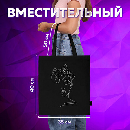Сумка шоппер BRAUBERG, канвас, 40х35 см, черный, "Девушка", 271899