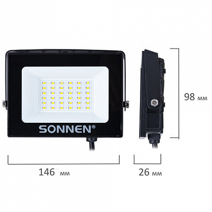Прожектор светодиодный 30 Вт, 6500 К, 2400 Лм, 30 м2, IP65, 146x98x26 мм, черный, SONNEN, 238413