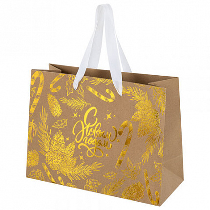 Пакет подарочный (1 шт.) новогодний, 27х11х20 см, "Shiny Kraft", фольга, ассорти, ЗОЛОТАЯ СКАЗКА, 592437