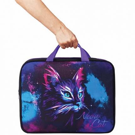 Папка на молнии с ручками BRAUBERG А4, 1 отделение, полиэстер, 80 мм, "Neon cat", 271482