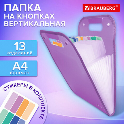 Папка-органайзер на кнопках 13 отделений, ВЕРТИКАЛЬНАЯ, BRAUBERG COMPLETE, А4, прозрачно-фиолетовая, 273945