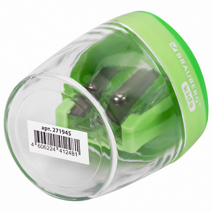 Точилка BRAUBERG KIDS "MAXI", 2 отверстия, с большим контейнером, трехгранный корпус, цвета ассорти, 271945