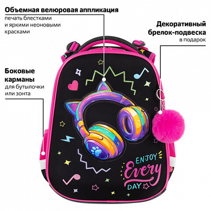 Ранец BRAUBERG PREMIUM, 2 отделения, с брелоком, "Наушники", велюровая нашивка, 38х29х16 см, 273100