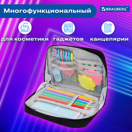 Пенал-органайзер BRAUBERG, 1 отделение, С НАКЛЕЙКАМИ, молния вокруг, канвас, 22x15х6 см, черный, 273596