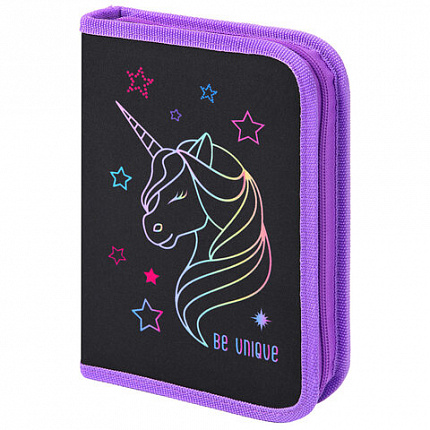Пенал BRAUBERG с наполнением, 1 отделение, 1 откидная планка, 24 предмета, 21х14 см, "Radiant unicorn", 273532
