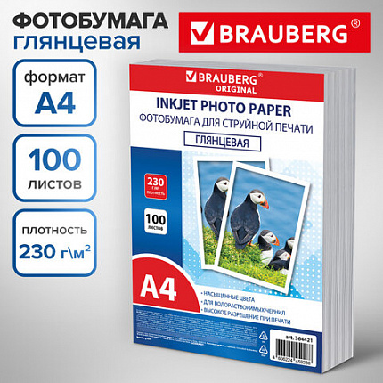 Фотобумага глянцевая, А4, 230 г/м2, односторонняя, 100 листов, ПАКЕТ, BRAUBERG ORIGINAL 364421