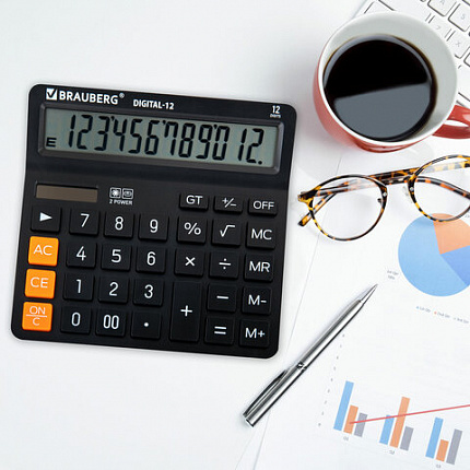 Калькулятор настольный BRAUBERG DIGITAL-12-BK (151х152 мм), 12 разрядов, двойное питание, ЧЕРНЫЙ, 272968