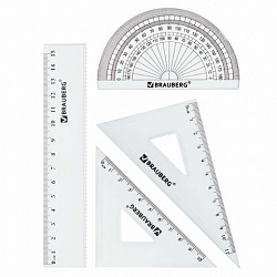 Набор чертежный малый BRAUBERG (линейка 15 см, 2 угольника, транспортир), конверт на молнии, 210306