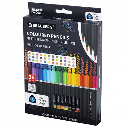 Карандаши цветные чёрное дерево BRAUBERG BLACK WOOD, 36 цветов, мягкий грифель 3 мм, 182042
