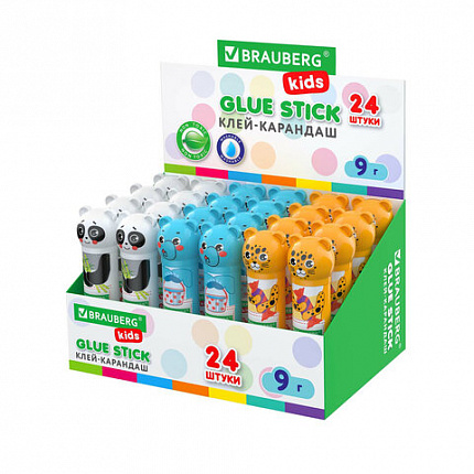 Клей-карандаш "Зверята: панда, слон, леопард", 9 г, фигурный колпачок, BRAUBERG KIDS, 271139