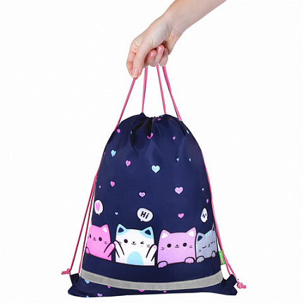 Мешок для обуви BRAUBERG KIDS, светоотражающая полоса, 46х36 см, "Четыре котика", 273437