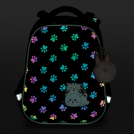 Ранец BRAUBERG LUMINOUS, 2 отделения, с брелоком, "Paws", СВЕТЯЩИЙСЯ РИСУНОК, 38х29х16 см, 271366