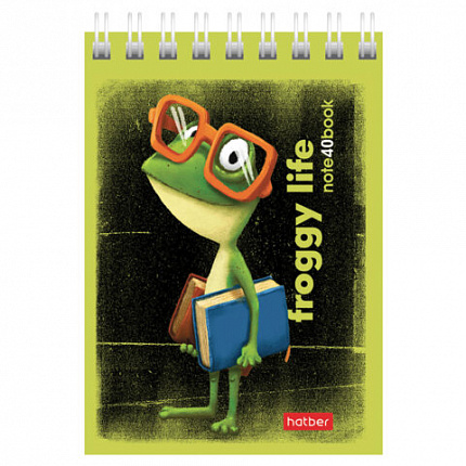 Блокнот МАЛЫЙ ФОРМАТ А7, 40 л., гребень, картон, клетка, HATBER, "Лягух Кир", 081184, 40Б7В1гр