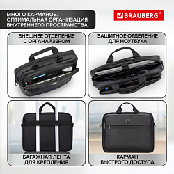 Сумка портфель BRAUBERG PROTECT с отделением для ноутбука 15,6", 2 отделения, черная, 30х40х7 см, 270831