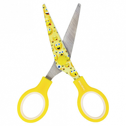 Ножницы 130 мм с цветной печатью "Смайлики", жёлто-белые, закругленные, BRAUBERG KIDS, 232274
