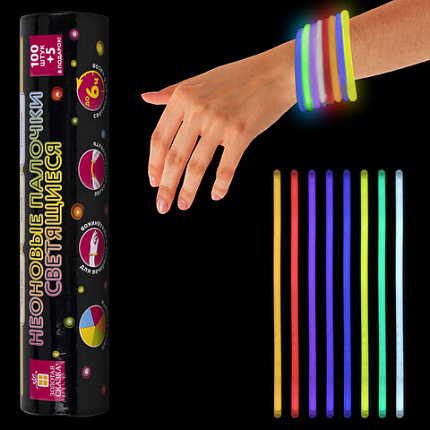 Светящиеся (неоновые) палочки 100 штук + 5 в ПОДАРОК! в тубе, ассорти, ЗОЛОТАЯ СКАЗКА, 662596