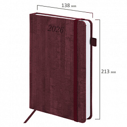 Ежедневник датированный 2026 А5 138x213 мм, BRAUBERG "Wood", под кожу, держатель для ручки, бордо, 117107