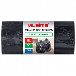 Мешки для мусора 30 л, черные, в рулоне 50 штук, сверхпрочные, ПВД 30 мкм, 50x58 см, LAIMA, 702650