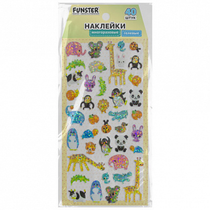 Наклейки гелевые "Зверушки", 17,5х9 см, ассорти 4 вида, FUNSTER (ФАНСТЕР), 666095