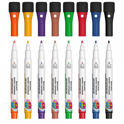 Маркеры на магните со стирателем для белой доски и планера, 8 ЦВЕТОВ, BRAUBERG POP-ART, 1-2 мм, 152567