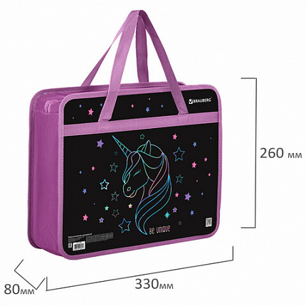 Папка на молнии с ручками BRAUBERG А4, 1 отделение, пластик, 80 мм, "Radiant unicorn", 273369