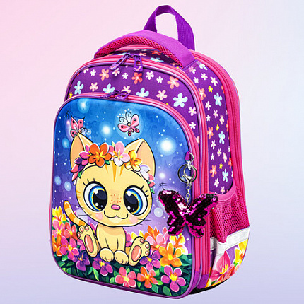 Ранец BRAUBERG QUADRO, 3 отделения, с брелоком, "Charming kitten", 37х28х18 см, 270602