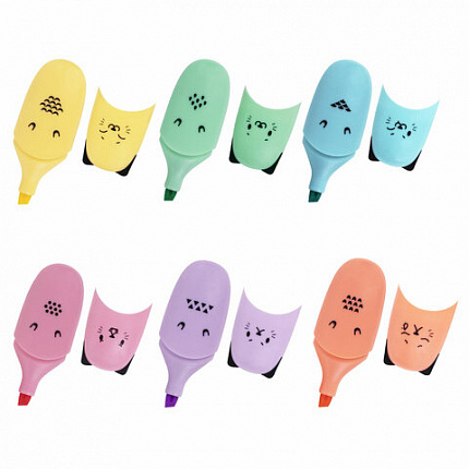 Набор текстовыделителей мини 6 ЦВЕТОВ BRAUBERG KIDS "CUTE CATS PASTEL", линия 1-5 мм, 152436
