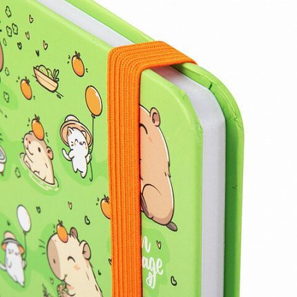 Блокнот с резинкой в клетку 96 л., МАЛЫЙ ФОРМАТ А6, 109х148 мм, твердая обложка, ЮНЛАНДИЯ, "Капибары", 116337