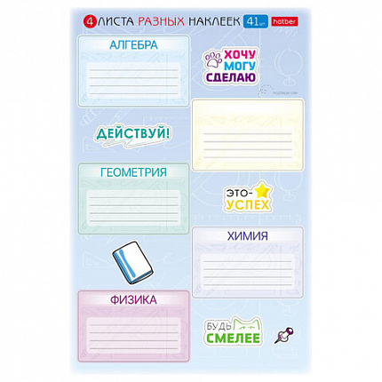 Наклейки ПРЕДМЕТНЫЕ для маркировки школьных принадлежностей, НАБОР 4 листа, 40 наклеек, HATBER, 4Н5н