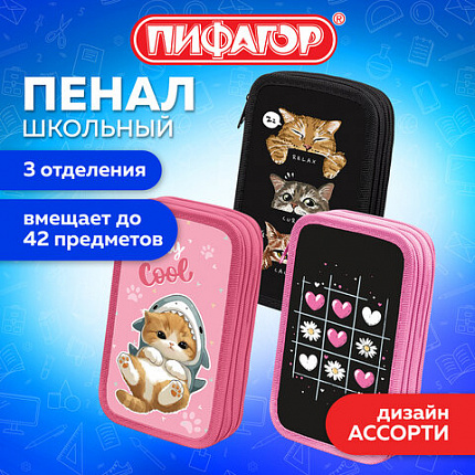Пенал ПИФАГОР, 3 отделения, ламинированный картон, 19х11 см, АССОРТИ для девочек, 274562
