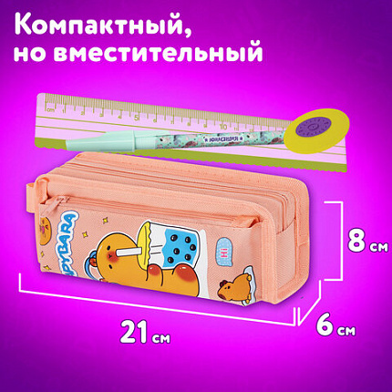 Пенал ЮНЛАНДИЯ ЮНИОР, 2 отделения, с ручкой, полиэстер, "Капибара", 21х8х6 см, 273814