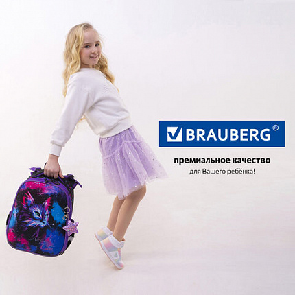 Ранец BRAUBERG PREMIUM, 2 отделения, с брелоком, "Neon cat", 38х29х16 см, 271352
