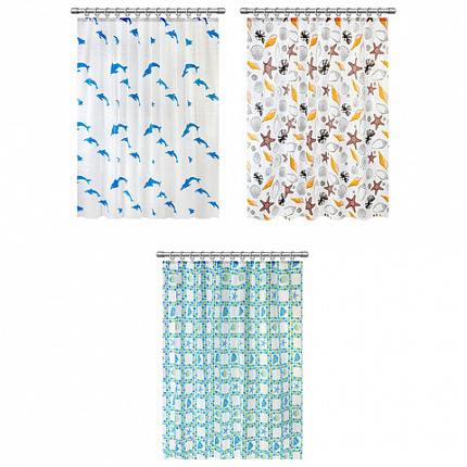 Шторка для ванной PEVA, 180х180 см, кольца в комплекте, дизайн ассорти, МОРЕ, PRIMILA (ПРИМИЛА), 700074