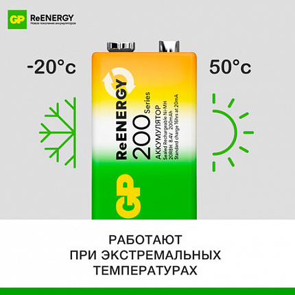 Батарейка аккумуляторная GP ReEnergy Ni-Mh 1 шт., "Крона" (20R8H 9V), 200 mAh, 20R8HRGY-2CRCB1
