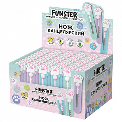 Нож канцелярский 9 мм, кросс-серия "КОШАЧЬИ ЛАПКИ" FUNSTER (ФАНСТЕР), автофиксатор, ассорти в дисплее, 239243