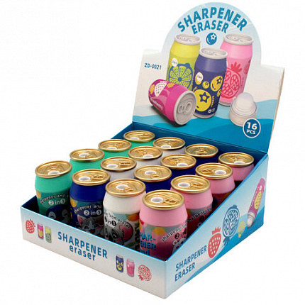 Точилка с ластиком 2 в 1 "Жестяная банка", контейнер, корпус ассорти, дисплей, СNT, 7, 77250