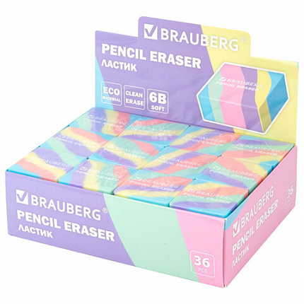 Ластик "PASTEL", 34х34х14 мм, квадратный, ассорти, ЭКО ПВХ, BRAUBERG, 273210