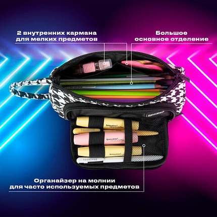 Пенал-косметичка BRAUBERG с ручкой, 1 откидная планка, полиэстер, 22x10х8 см, "Гусиная лапка", 271560
