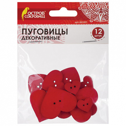 Пуговицы декоративные "Сердце", дерево, 12 шт., ассорти, красные, ОСТРОВ СОКРОВИЩ, 661421